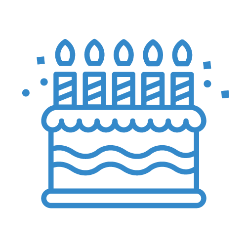 Graphic image of blue outline birthday cake with 5 candles